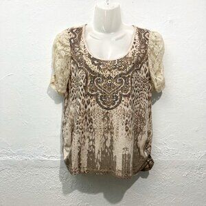 Style & Co Petite Pullover Top Short Sleeve Lace Beaded Rushed Animal print PL